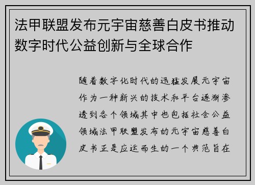 法甲联盟发布元宇宙慈善白皮书推动数字时代公益创新与全球合作