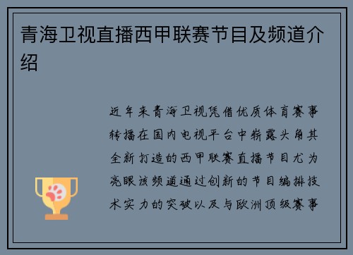 青海卫视直播西甲联赛节目及频道介绍