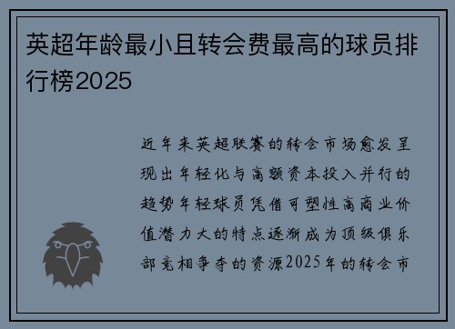 英超年龄最小且转会费最高的球员排行榜2025